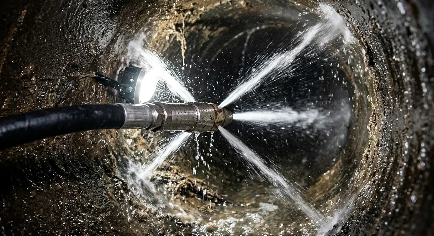 High-pressure hydro jetting nozzle cleaning sewer pipe for Trenchless Sewer Repair in Smithtown