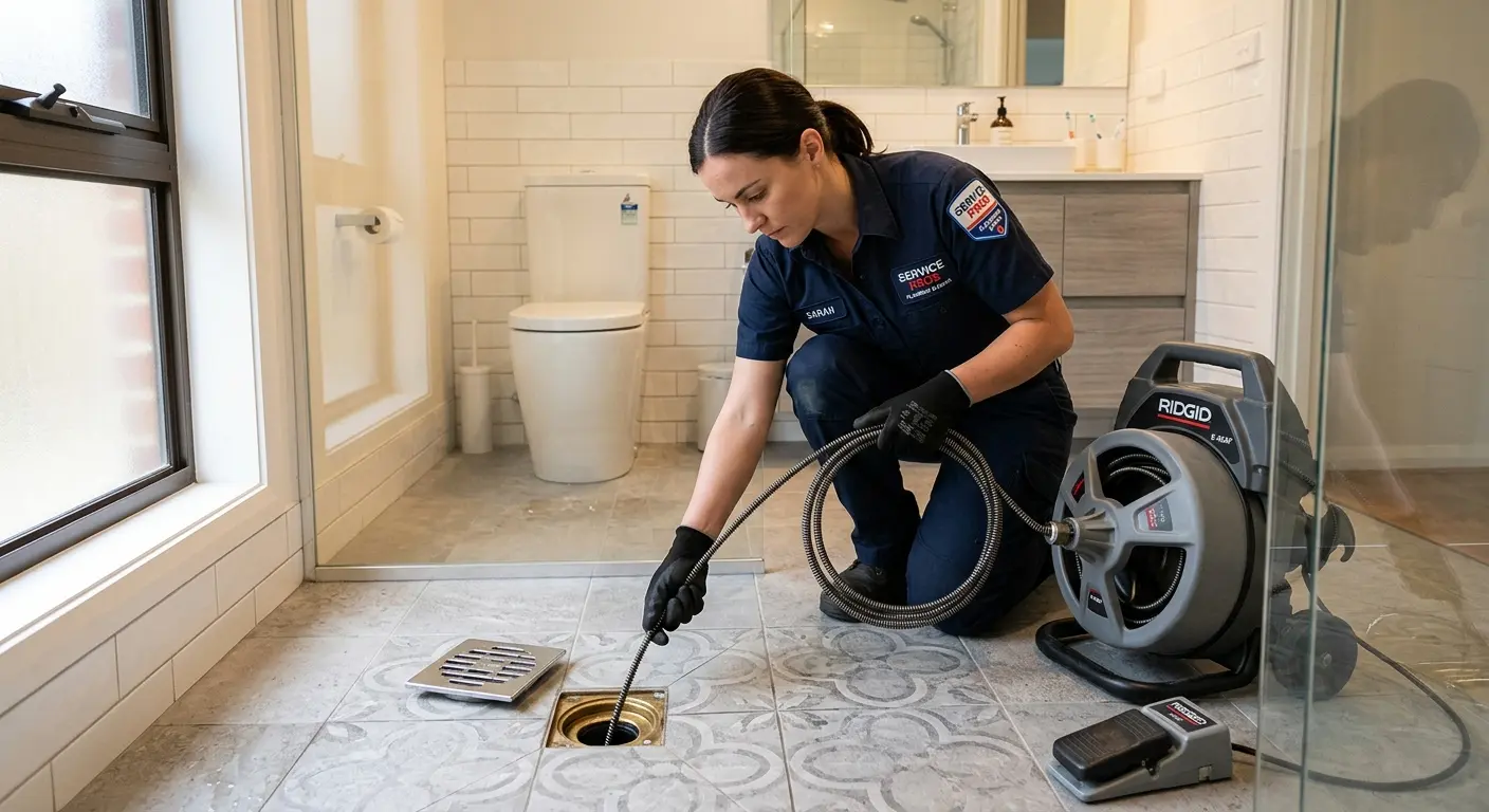 Technician clearing a bathroom floor drain for Drain Cleaning in Smithtown